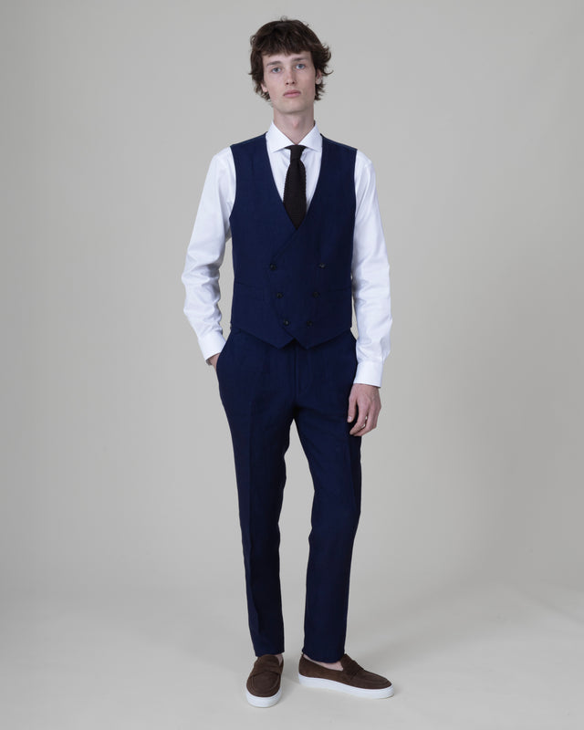 Gilet Croisé "Cyclades" en Lin Bleu Marine Lumineux de chez Angelico