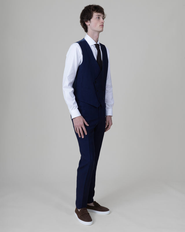 Gilet Croisé "Cyclades" en Lin Bleu Marine Lumineux de chez Angelico