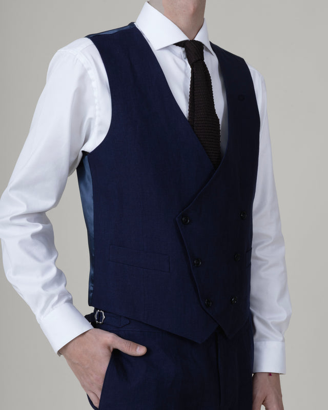 Gilet Croisé "Cyclades" en Lin Bleu Marine Lumineux de chez Angelico