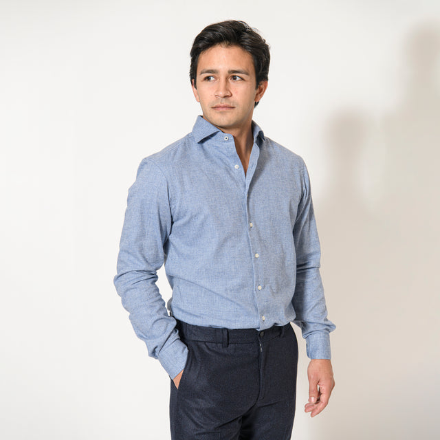 Chemise Nouveau Col "Cutaway" en Flanelle à Chevrons Bleu Ciel