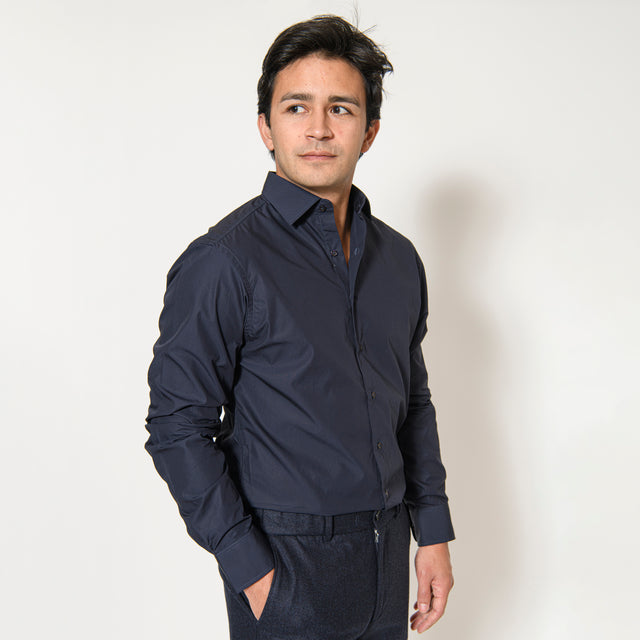 Chemise Col "Italien" en Popeline Bleu Marine avec Boutons Ton sur Ton