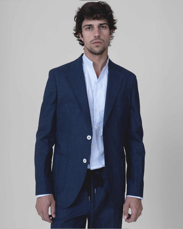 Veste Napolitaine "Laganas" Piquée en Coton Lin Elasthanne Marine & Blanc