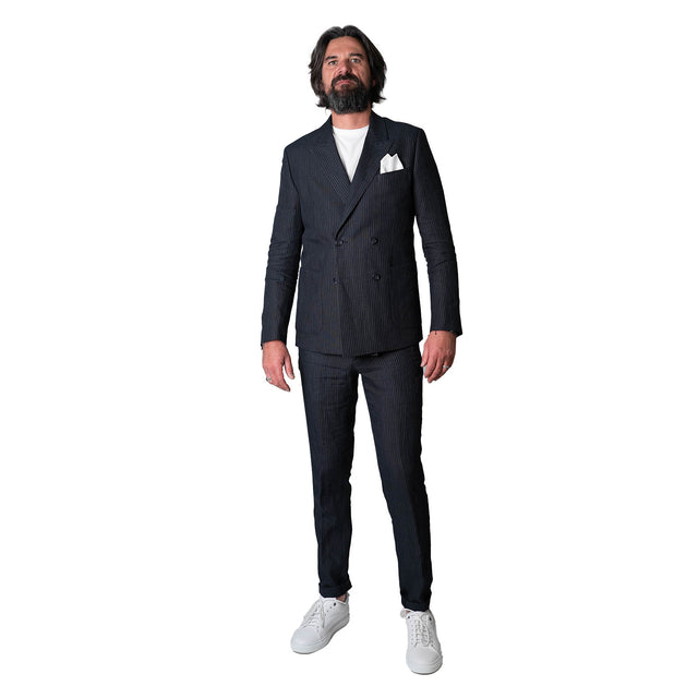 Pantalon en Lin "Estagnol" à Lacet amovible Bleu Marine Rayé Blanc