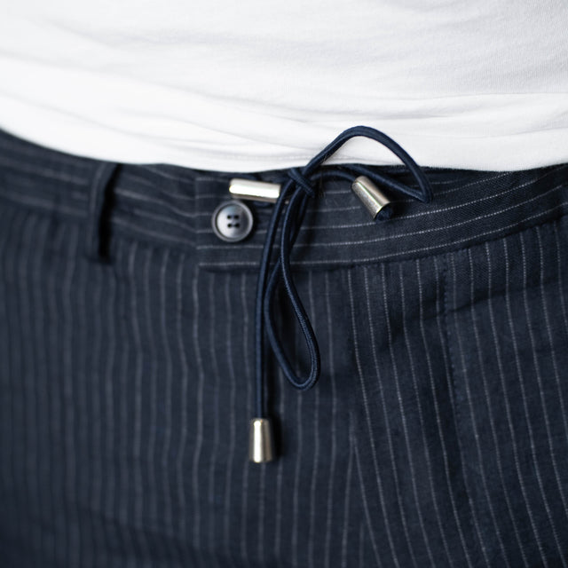 Pantalon en Lin "Estagnol" à Lacet amovible Bleu Marine Rayé Blanc