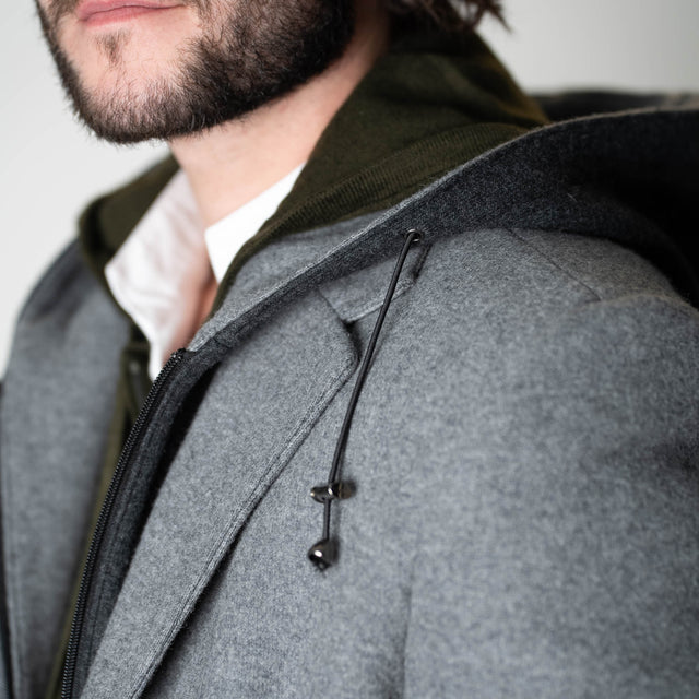Manteau "Cornouailles" Gris Clair avec Plastron intérieur et Capuche amovible Anthracite