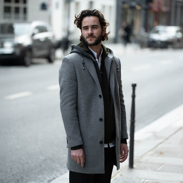 Manteau "Cornouailles" Gris Clair avec Plastron intérieur et Capuche amovible Anthracite