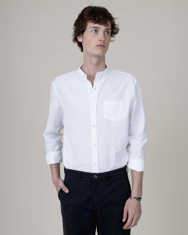 CHEMISE COL MAO BLANCHE EN LIN & COTON