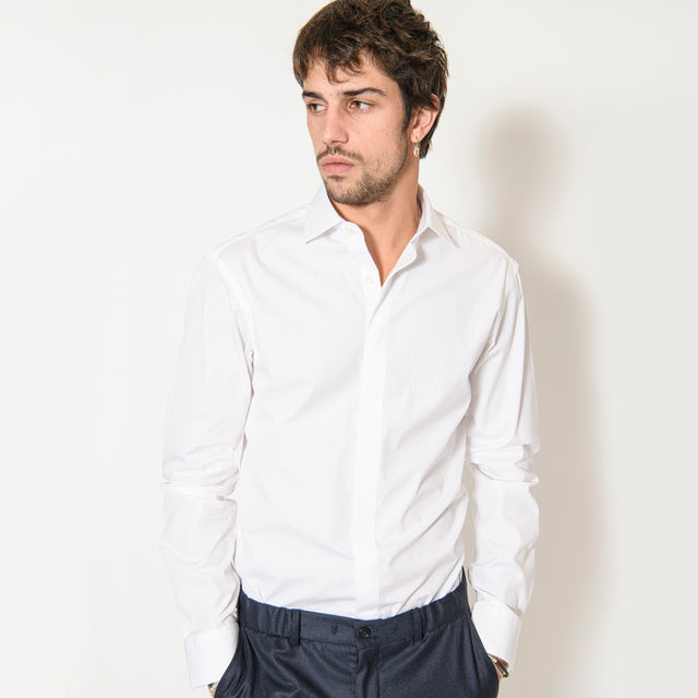 Chemise Col "Italien" en Popeline Blanche et Gorge Caché (Boutons Cachés)