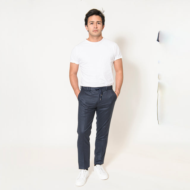 Pantalon "Fangio" à Lacet amovible en Flanelle à Micro-Pied de Poule Bleu Marine Vitale Barberis Canonico