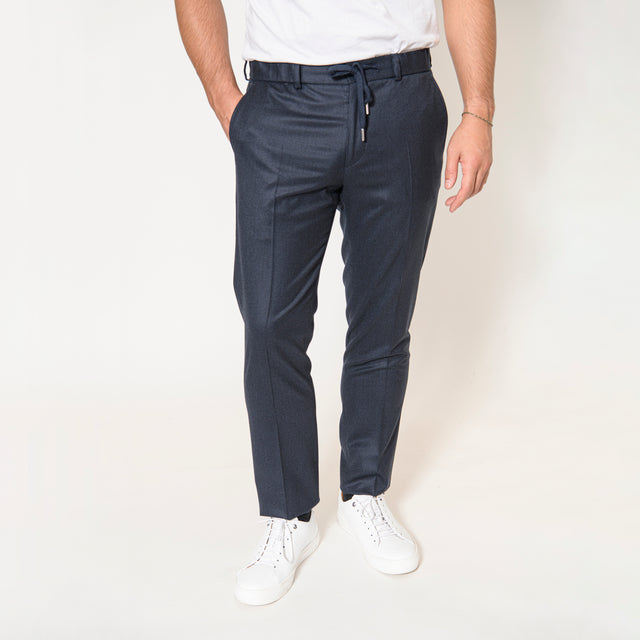 Pantalon "Fangio" à Lacet amovible en Flanelle à Micro-Pied de Poule Bleu Marine Vitale Barberis Canonico
