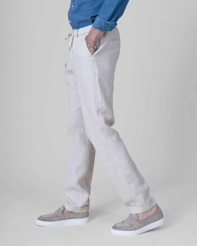 Pantalon à lacet Amovible "Solenzara" en Lin Beige Tissus Loro Piana®