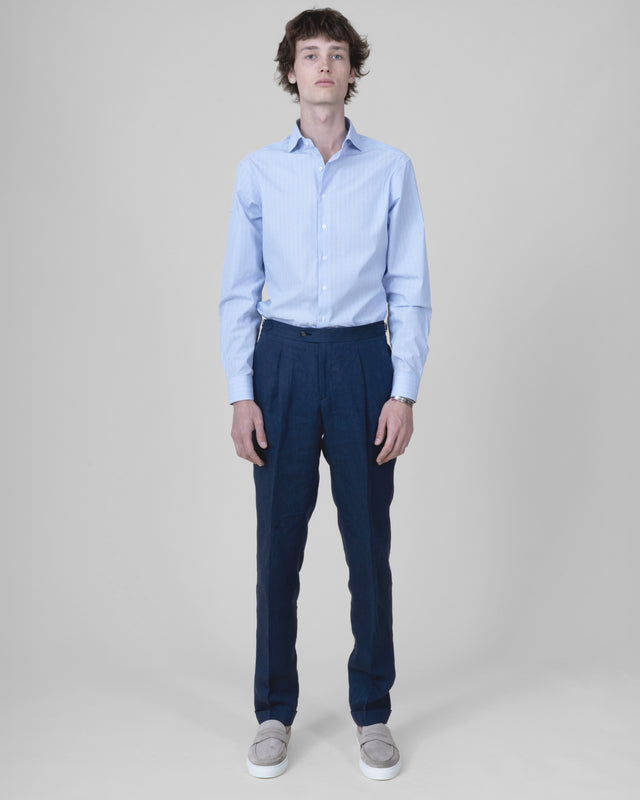 Pantalon à Pinces et Pattes de Serrage "Corinthe" en Lin Bleu Marine