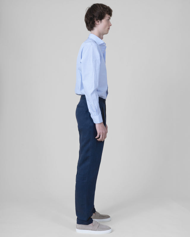 Pantalon à Pinces et Pattes de Serrage "Corinthe" en Lin Bleu Marine