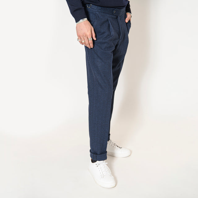 Pantalon à Pinces "Giuseppe" en Flanelle Mélangée à Chevrons Bleu