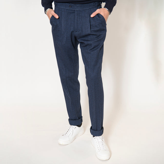 Pantalon à Pinces "Giuseppe" en Flanelle Mélangée à Chevrons Bleu