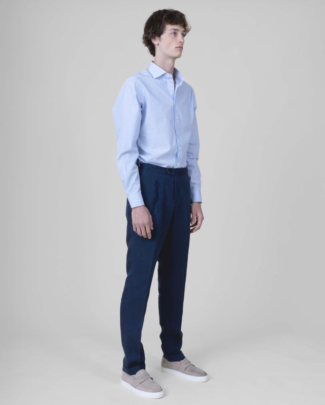 Pantalon à Pinces et Pattes de Serrage "Corinthe" en Lin Bleu Marine