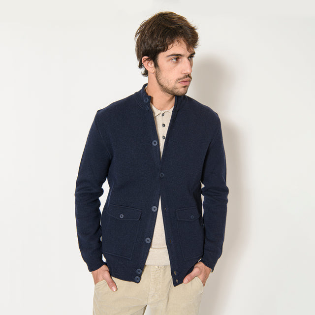 Pull Veste "Syracuse" Boutonnée Bleu Marine à Poches Demi Lune