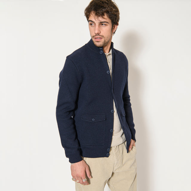 Pull Veste "Syracuse" Boutonnée Bleu Marine à Poches Demi Lune