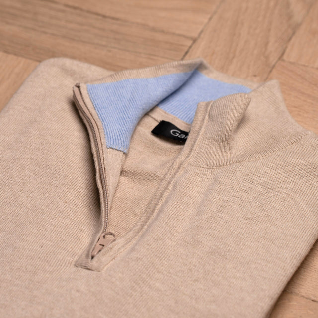 Pull à Col Montant Zippé Beige en Coton et Cachemire