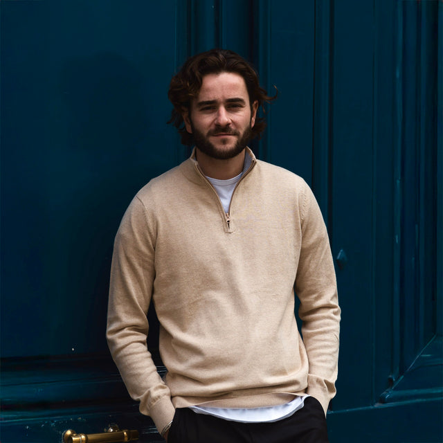 Pull à Col Montant Zippé Beige en Coton et Cachemire