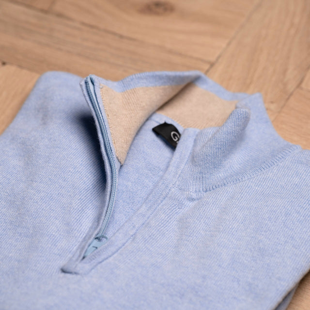 Pull à Col Montant Zippé Bleu Ciel en Coton et Cachemire