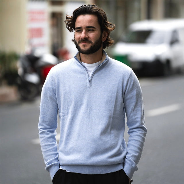 Pull à Col Montant Zippé Bleu Ciel en Coton et Cachemire