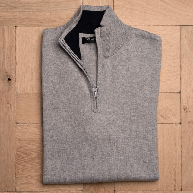 Pull à Col Montant Zippé Gris Clair en Coton et Cachemire