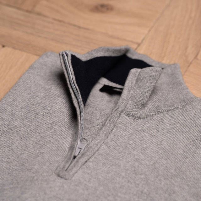 Pull à Col Montant Zippé Gris Clair en Coton et Cachemire