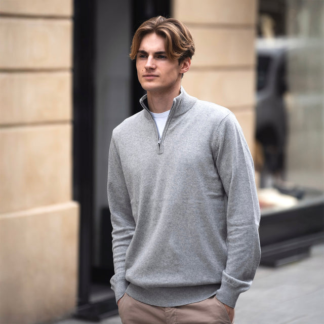 Pull à Col Montant Zippé Gris Clair en Coton et Cachemire