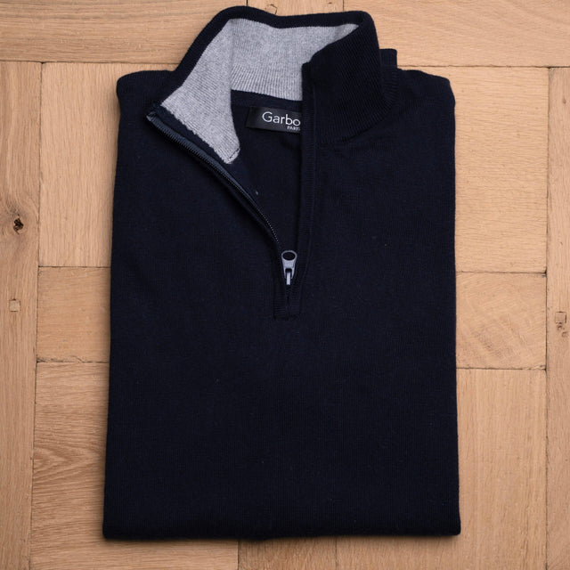 Pull à Col Montant Zippé Bleu Marine en Coton et Cachemire