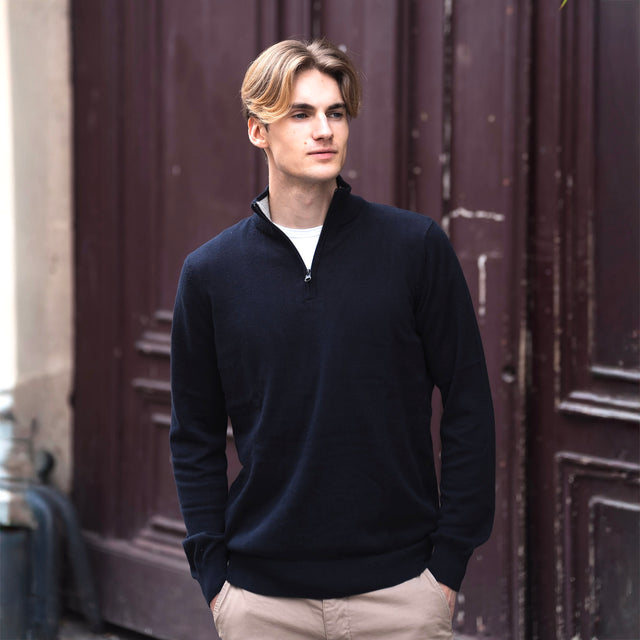 Pull à Col Montant Zippé Bleu Marine en Coton et Cachemire