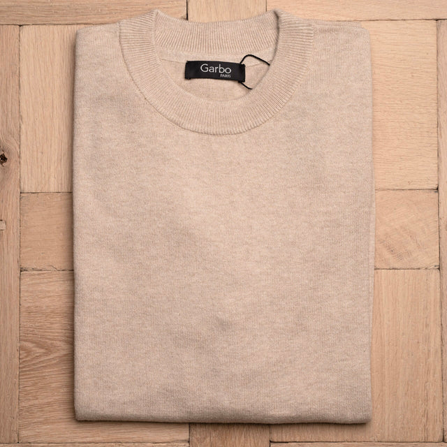 Pull Col Rond Beige en Coton et Cachemire