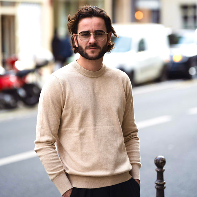 Pull Col Rond Beige en Coton et Cachemire