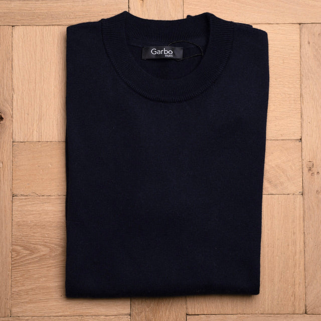 Pull Col Rond Bleu Marine en Coton et Cachemire