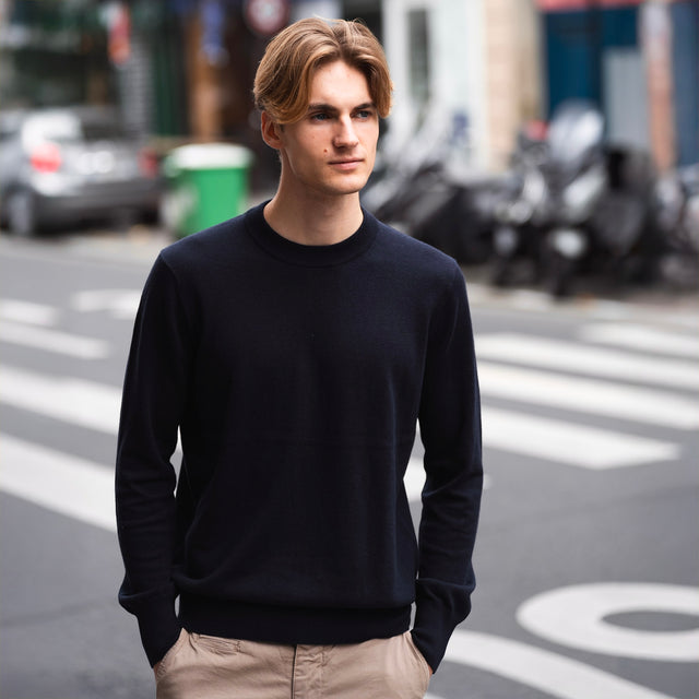 Pull Col Rond Bleu Marine en Coton et Cachemire