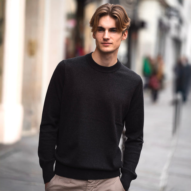 Pull Col Rond Gris Anthracite en Coton et Cachemire