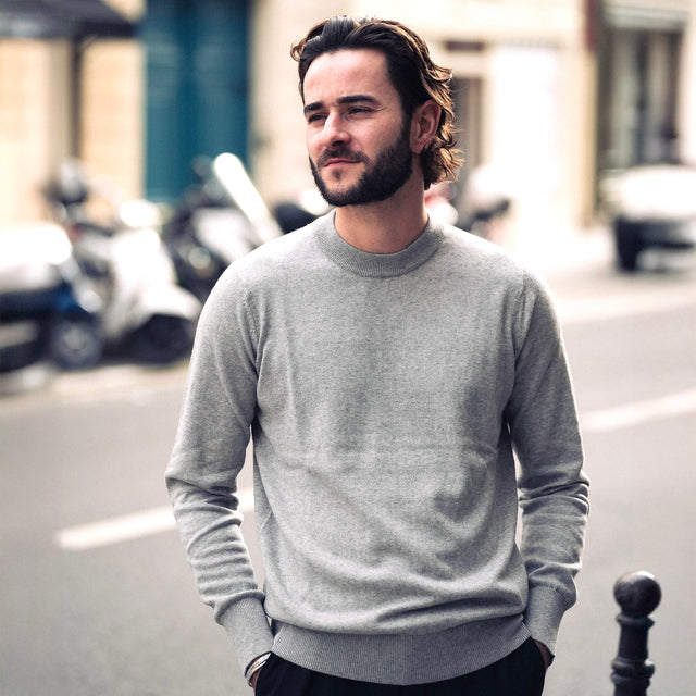 Pull Col Rond Gris Clair en Coton et Cachemire