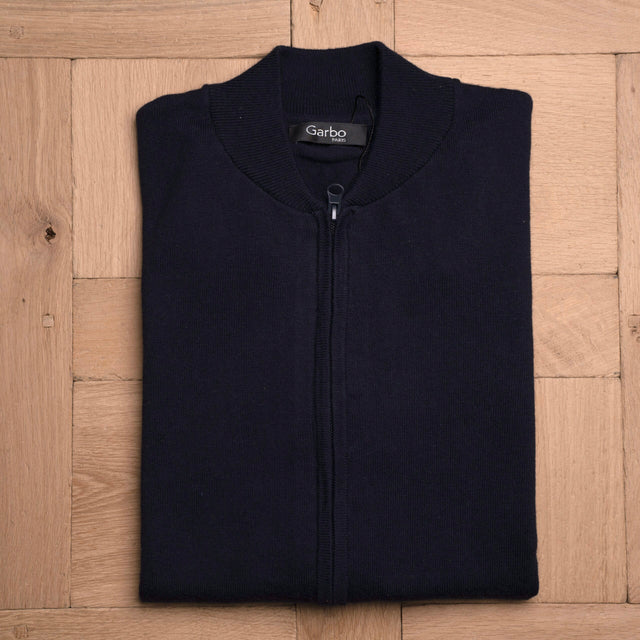 Pull Teddy Zippé Bleu Marine en Coton et Cachemire