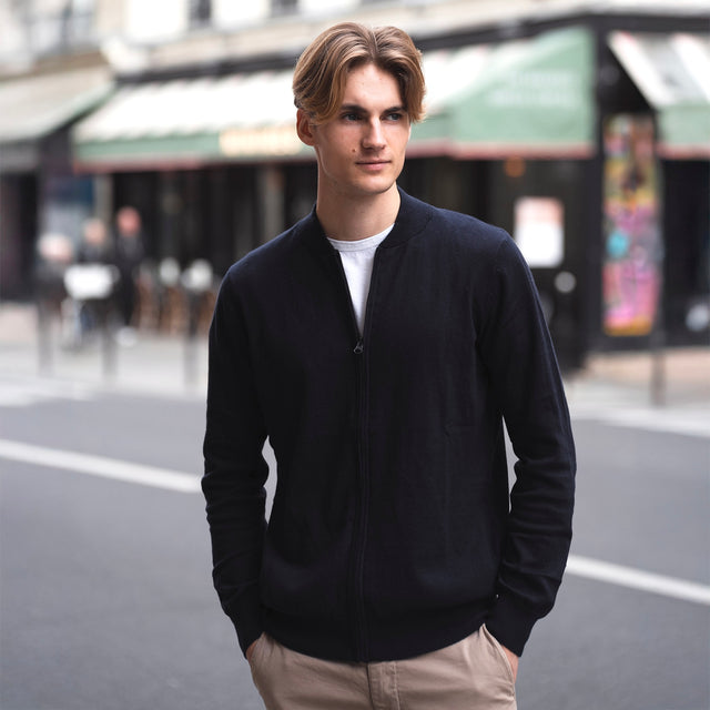 Pull Teddy Zippé Bleu Marine en Coton et Cachemire