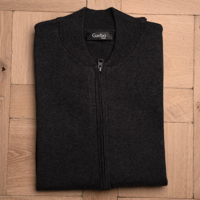 Pull Teddy Zippé Gris Anthracite en Coton et Cachemire