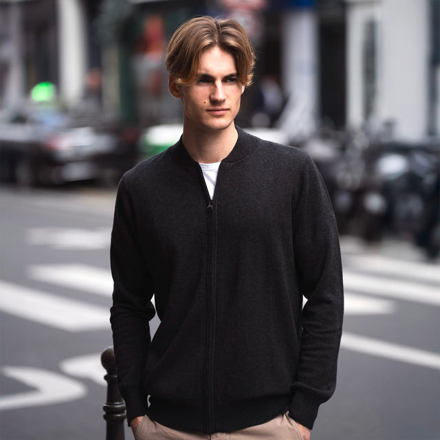 Pull Teddy Zippé Gris Anthracite en Coton et Cachemire