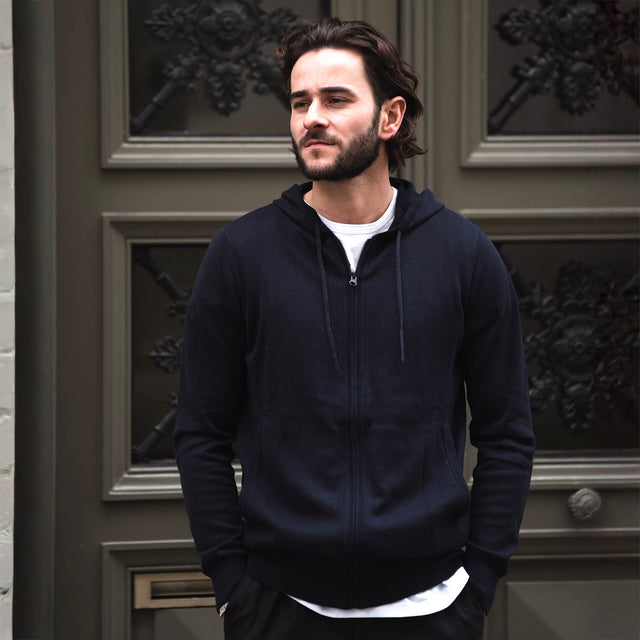 Pull Sweat à Capuche Zippé Bleu Marine en Coton et Cachemire