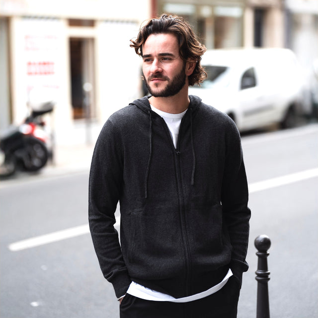 Pull Sweat à Capuche Zippé Gris Anthracite en Coton et Cachemire