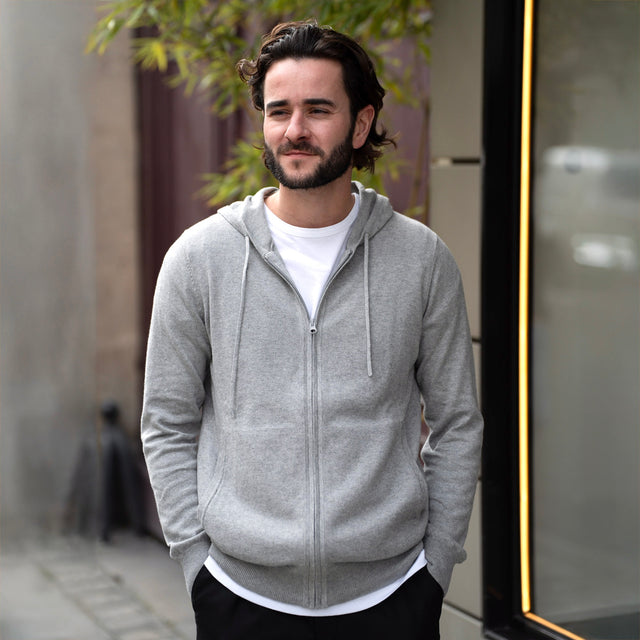 Pull Sweat à Capuche Zippé Gris Clair en Coton et Cachemire