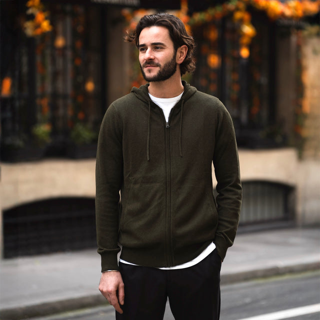 Pull Sweat à Capuche Zippé Kaki en Coton et Cachemire