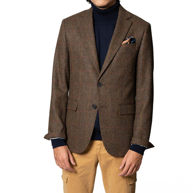 Veste "Ventura" en Tweed Marron à Carreaux Bordeaux et Jaune