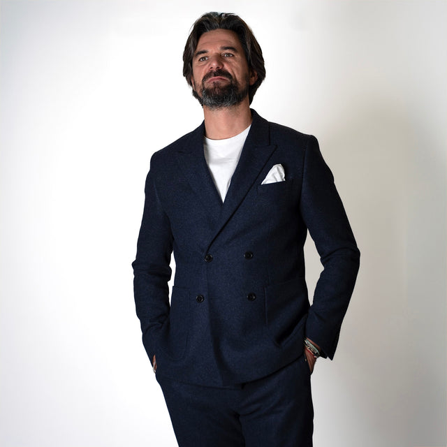 Veste Croisé "Birmingham" en Flanelle Bleu Marine et Poches Plaquées Vitale Barberis Canonico