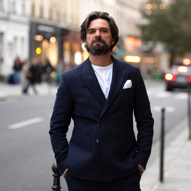 Veste Croisé "Birmingham" en Flanelle Bleu Marine et Poches Plaquées Vitale Barberis Canonico