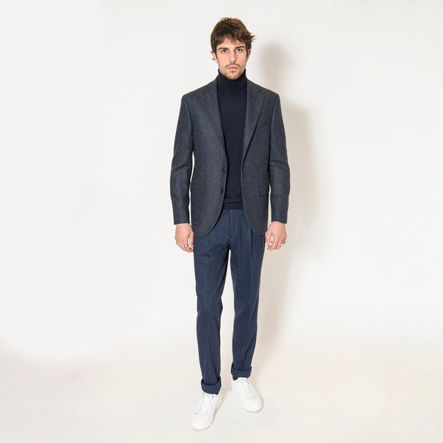 Veste à Coudières "Enzo" en Tweed de Laine et Cachemire Bleu Marine Chinée Bottoli
