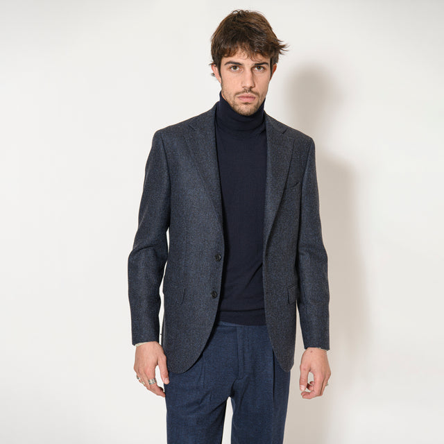 Veste à Coudières "Enzo" en Tweed de Laine et Cachemire Bleu Marine Chinée Bottoli